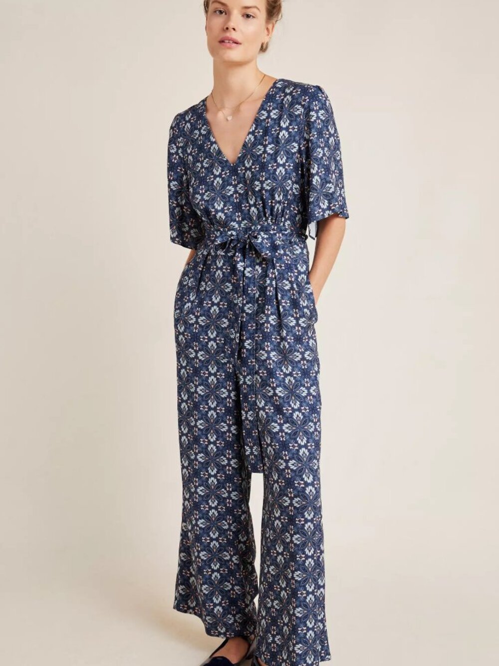 Anthropologie Laia Norma Navy Floral Belted Jumpsuit XL | Wide Leg V-Neck